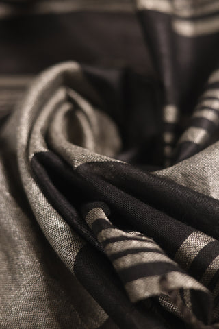 Black Linen Saree with Silver Stripes & Tassels