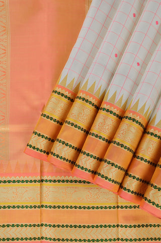 White Kanjeevaram silk saree with pink checks and orange temple border