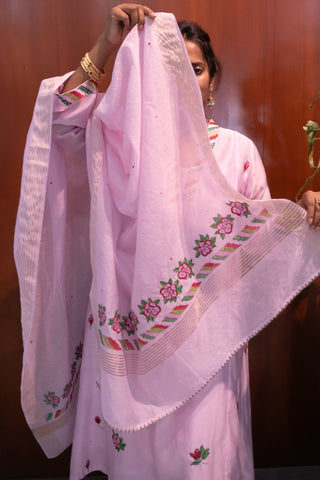 Blush Pink Hand-Painted & Embroidered Chanderi Silk Suit Set with Dupatta