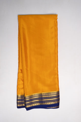 Golden Yellow Mysore Crepe Silk Saree with Dark Blue Pallu & Zari Border