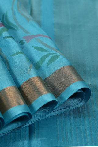 Aqua Blue Uppada Pure Silk Saree with Floral & Polka Dot Jamdani – Shop now for this Uppada silk saree online.