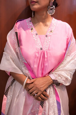 Rose Pink Pure Silk Suit with Zardozi and Organza Dupatta