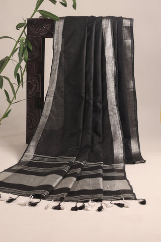 Black Linen Saree with Silver Stripes & Tassels