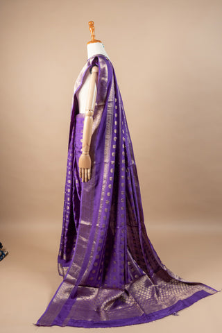 Purple Blended Silk Saree with Gold & Silver Zari Rudraksh and Peacock Motifs