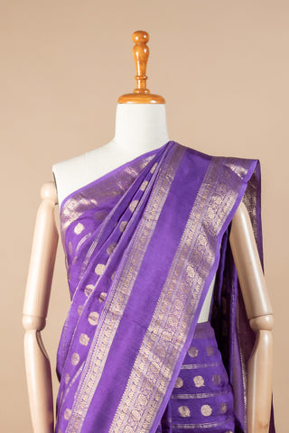 Purple Blended Silk Saree with Gold & Silver Zari Rudraksh and Peacock Motifs