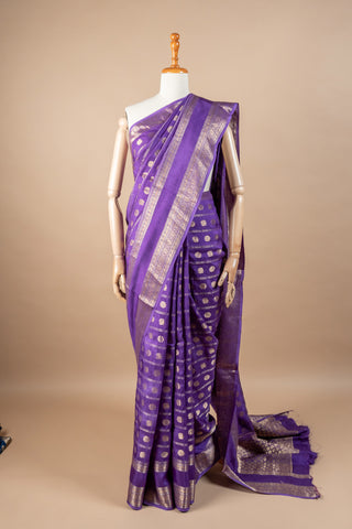 Purple Blended Silk Saree with Gold & Silver Zari Rudraksh and Peacock Motifs