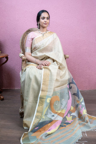 Khadi Jamdani Handloom Saree with Swans