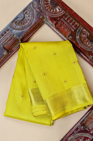 Yellow Kanjivaram Silk Saree with Purple Floral Buttas and Gold Zari Border