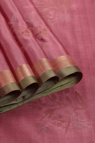 Pink Uppada Silk Saree with Floral Motifs & Green Gold Border – Shop now for this Uppada silk saree online.