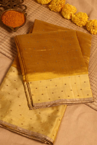 Mustard Yellow Chanderi Silk Saree with buttas and two-toned border