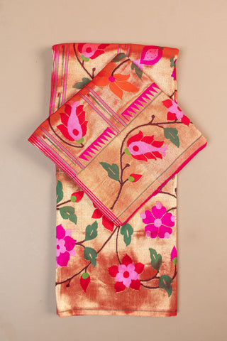 Ruby Pink Pure Silk Paithani Saree with peacocks and floral motifs