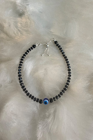 925 Pure Silver Evil Eye Anklet with Black Crystal Beads and Slider Closure