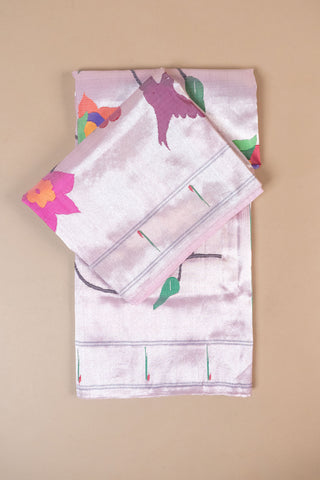 Pink Paithani Tissue Saree with woven peacocks and floral motifs