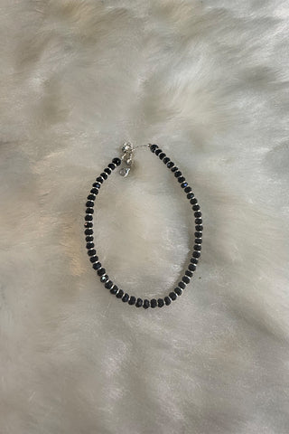 925 Silver Anklet with Black Faceted Beads and Double Charm Accent