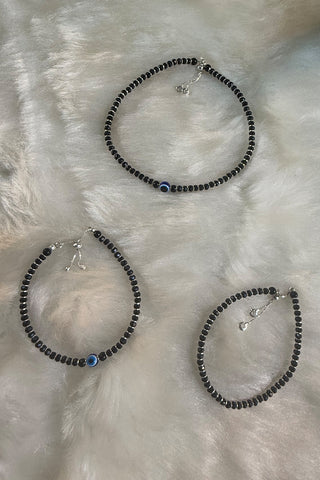 925 Pure Silver Evil Eye Anklet with Black Crystal Beads and Slider Closure