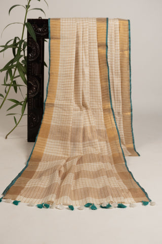 Linen saree with gold zari and teal border