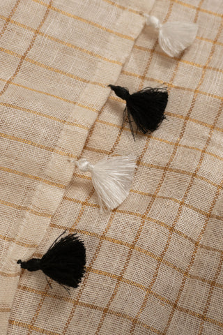 Linen woven gold zari check saree with tassels