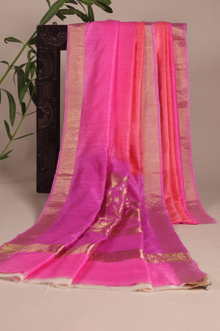 Pink Dual-Tone Linen Saree with Golden Zari Motifs