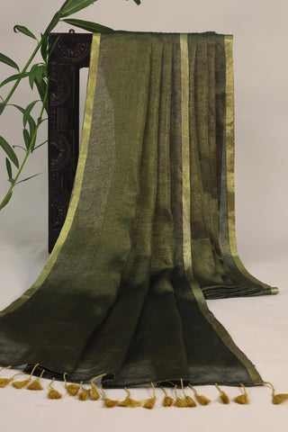 Exquisite Black and Gold Zari Woven Linen Saree with Tassels