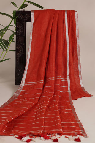 Red Linen Saree with Contrasting Silver Zari & Pearl-Detailed Lace