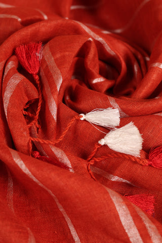 Red Linen Saree with Contrasting Silver Zari & Pearl-Detailed Lace