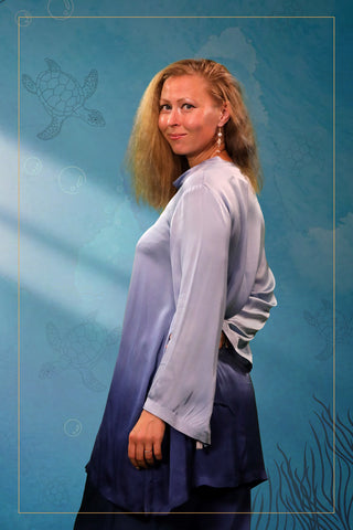 Ombre Blue Modal Satin Coord Set with Turtle Embroidery and Pearl Buttons