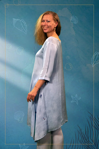 Ocean Blue Modal Satin Coord Set with Embroidered Sea Creatures and Asymmetric Hem