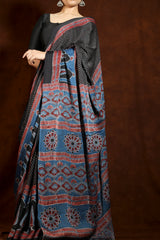 Blue & Black Modal Silk Ajrakh Saree