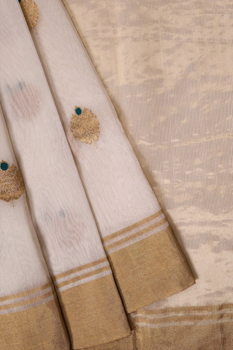 Off-White Chanderi Silk Saree with Gold Leaf motifs