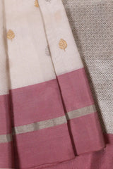 Off-White Chanderi Silk with Gold and Silver Zari Boota and Pink Border