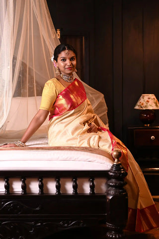 Off-White & Red Kanchipuram Saree