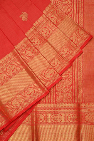Red Kanchipuram Silk Saree in Vaira Oosi with Peacock Motifs