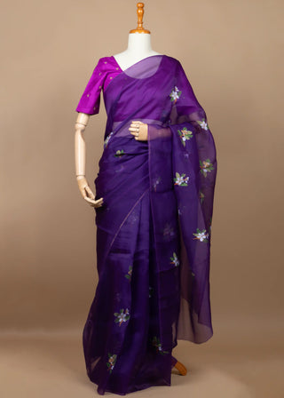 Purple Organza Saree with Hand-painted Firangipani (Made to Order)