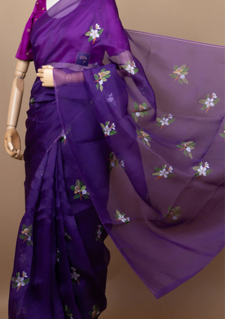Purple Organza Saree with Hand-painted Firangipani (Made to Order)