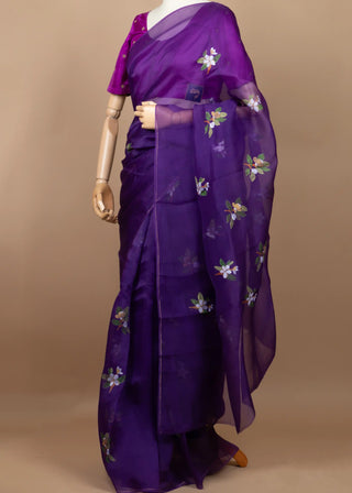 Purple Organza Saree with Hand-painted Firangipani (Made to Order)