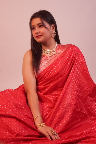 Red Banarasi Silk saree with Polka Dots