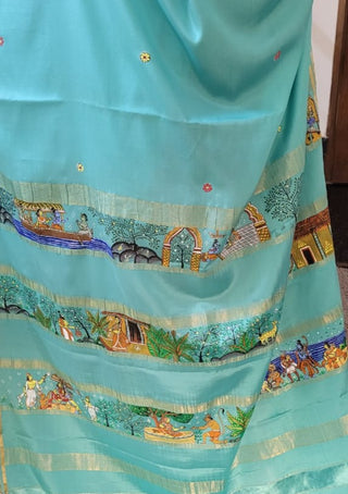 Alia Bhatt's Turquoise Blue Ramayan-painting Saree