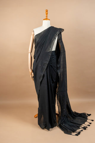 Black Cotton Jamdani Saree with Shimmering Sequins & Tassels