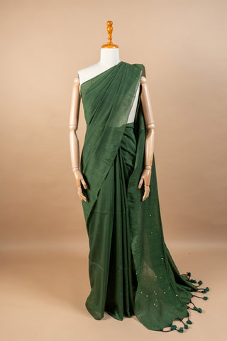 Forest Green Cotton Jamdani Saree with Sequin Adornments & Tassels