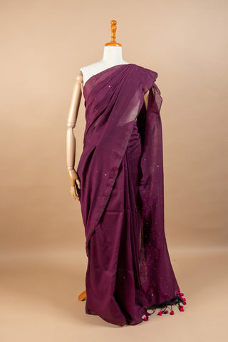 Exquisite Wine Pure Cotton Jamdani Saree with Sequin Embellishments & Tassels