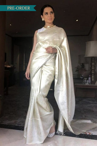 Kangana Ranaut’s Silver & White Kanchipuram Silk Saree (Made to Order)