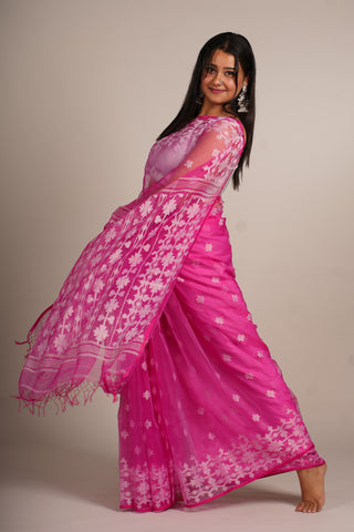 Rani Pink Jamdani Floral Organza saree