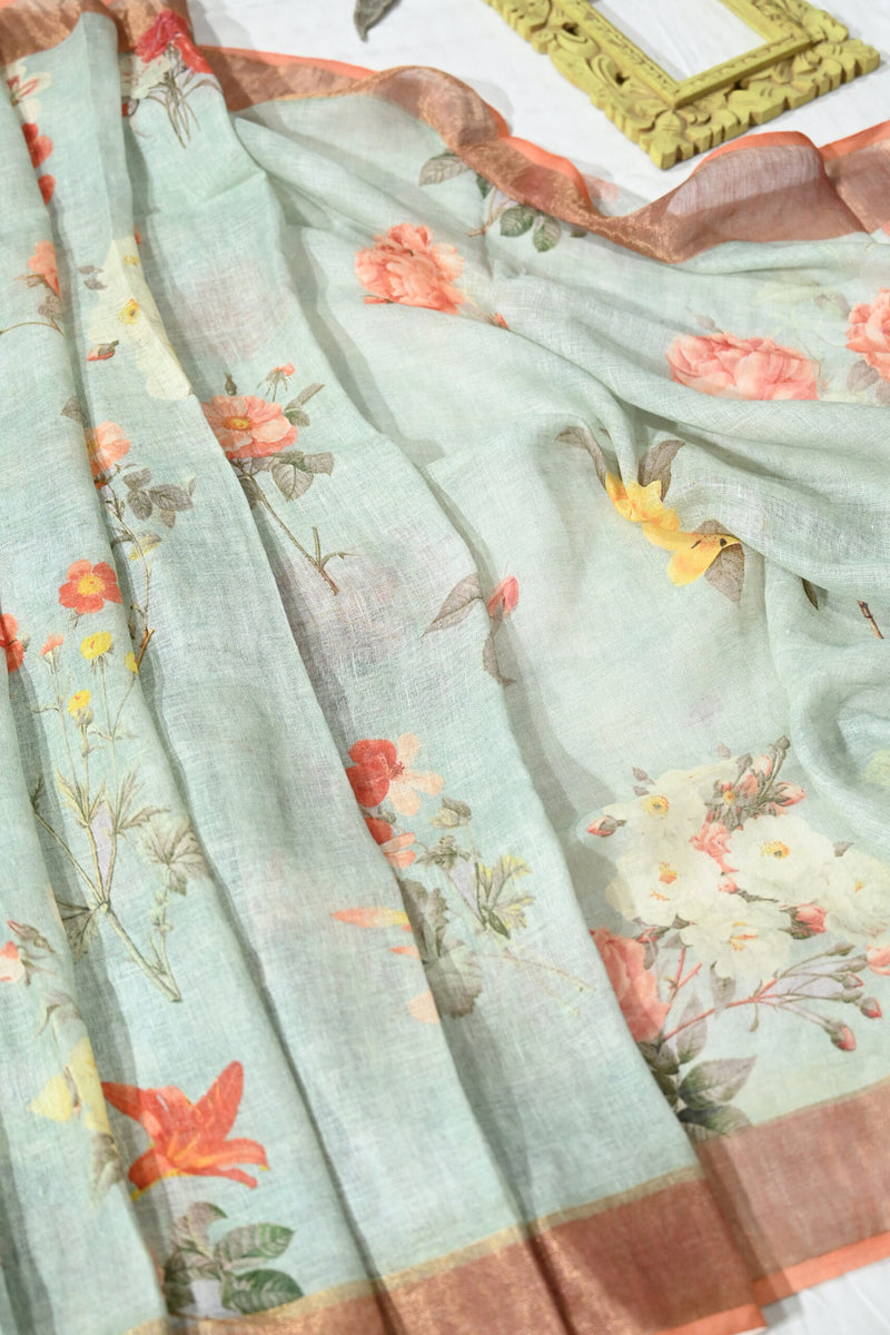 Pastel Sea Blue and Peach Handloom Linen Saree