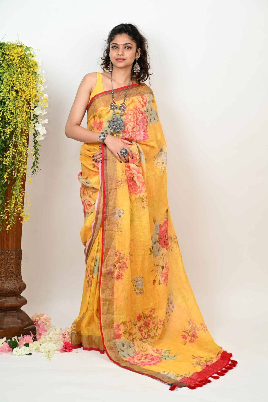 Linen Saree - Yellow and Pink