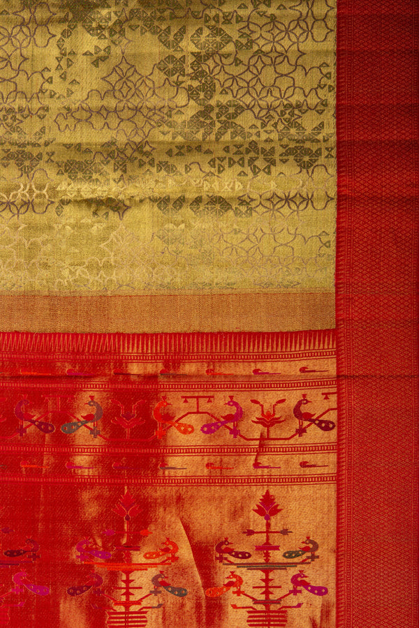 Gold Kanchipuram Silk Saree with Red Paithani Pallu