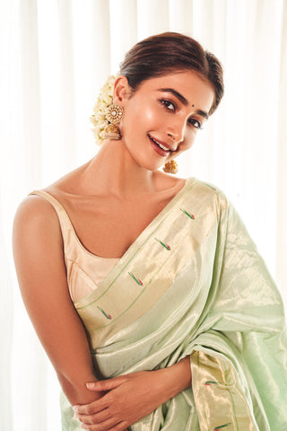 Pooja Hegde's Handloom Paithani Sky Blue Saree (Made to Order)