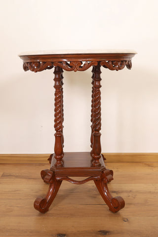 Marble top pedestal with carved teakwood twisted base