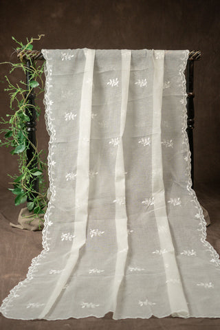 Off white Kota Doria dupatta with scalloped floral embroidery border