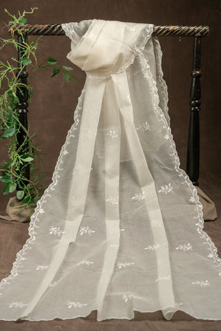 Off white Kota Doria dupatta with scalloped floral embroidery border