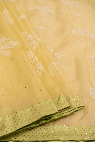 Yellow and Lime Green Organza Chikankari Saree with White Embroidery